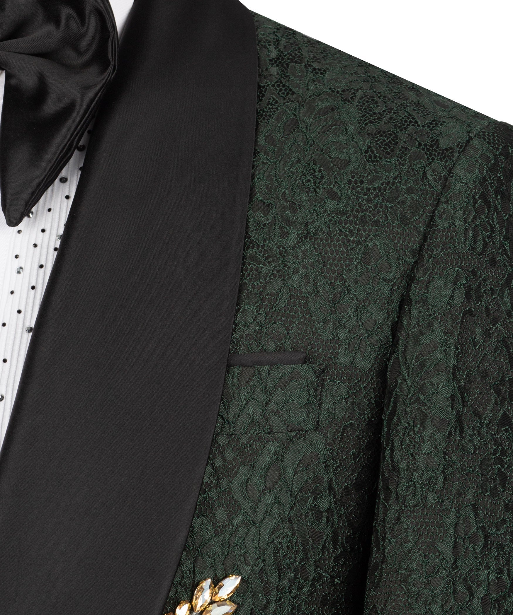 Green jacquard tuxedo jacket side panel with black satin trim