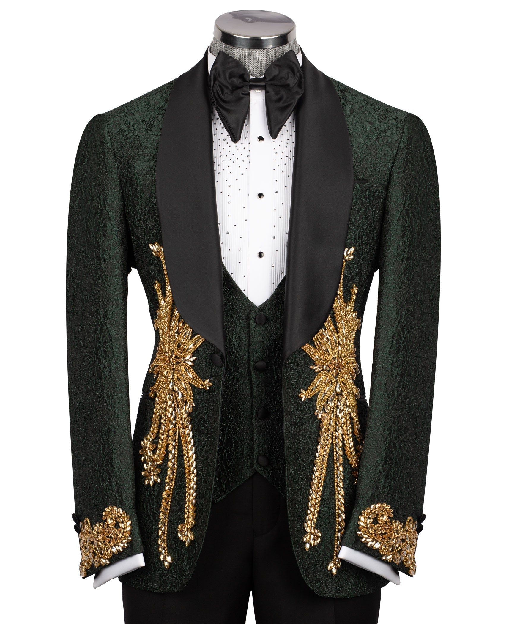 Green tuxedo slim-fit jacket with black satin lapels and gold stone embroidery; bow tie