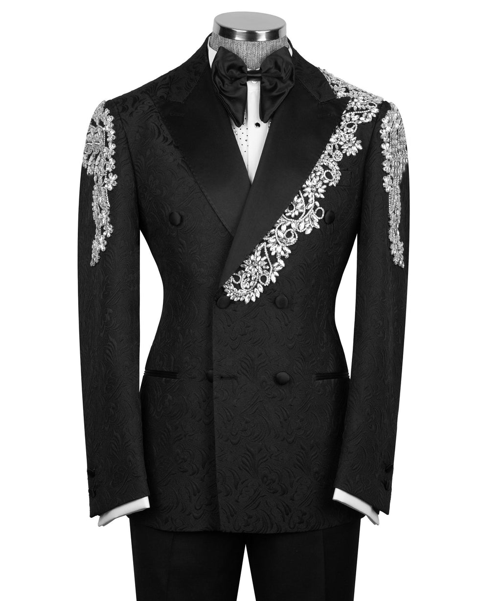 Black tuxedo jacket with stone-embroidered floral trim, satin bow tie, vest