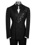 Black tuxedo jacket with stone-embroidered floral trim and satin bow tie