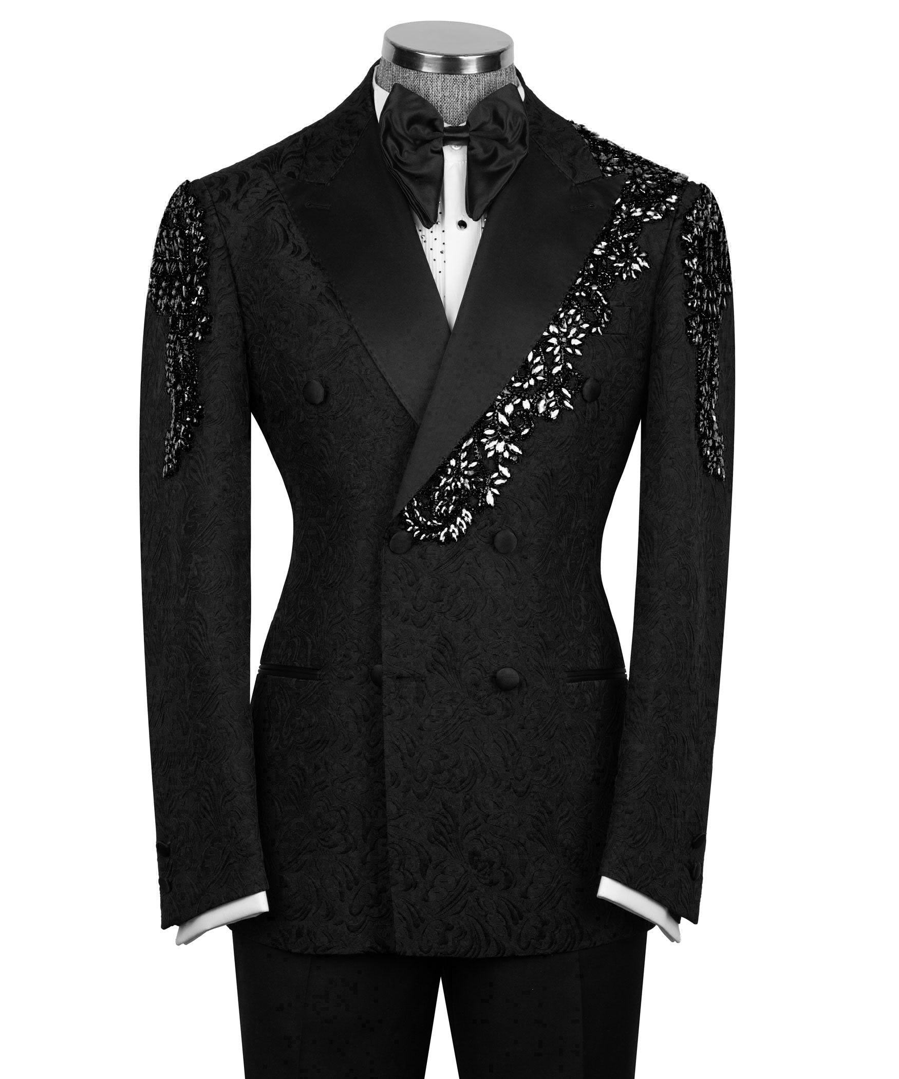 Black tuxedo jacket with stone-embroidered floral trim and satin bow tie