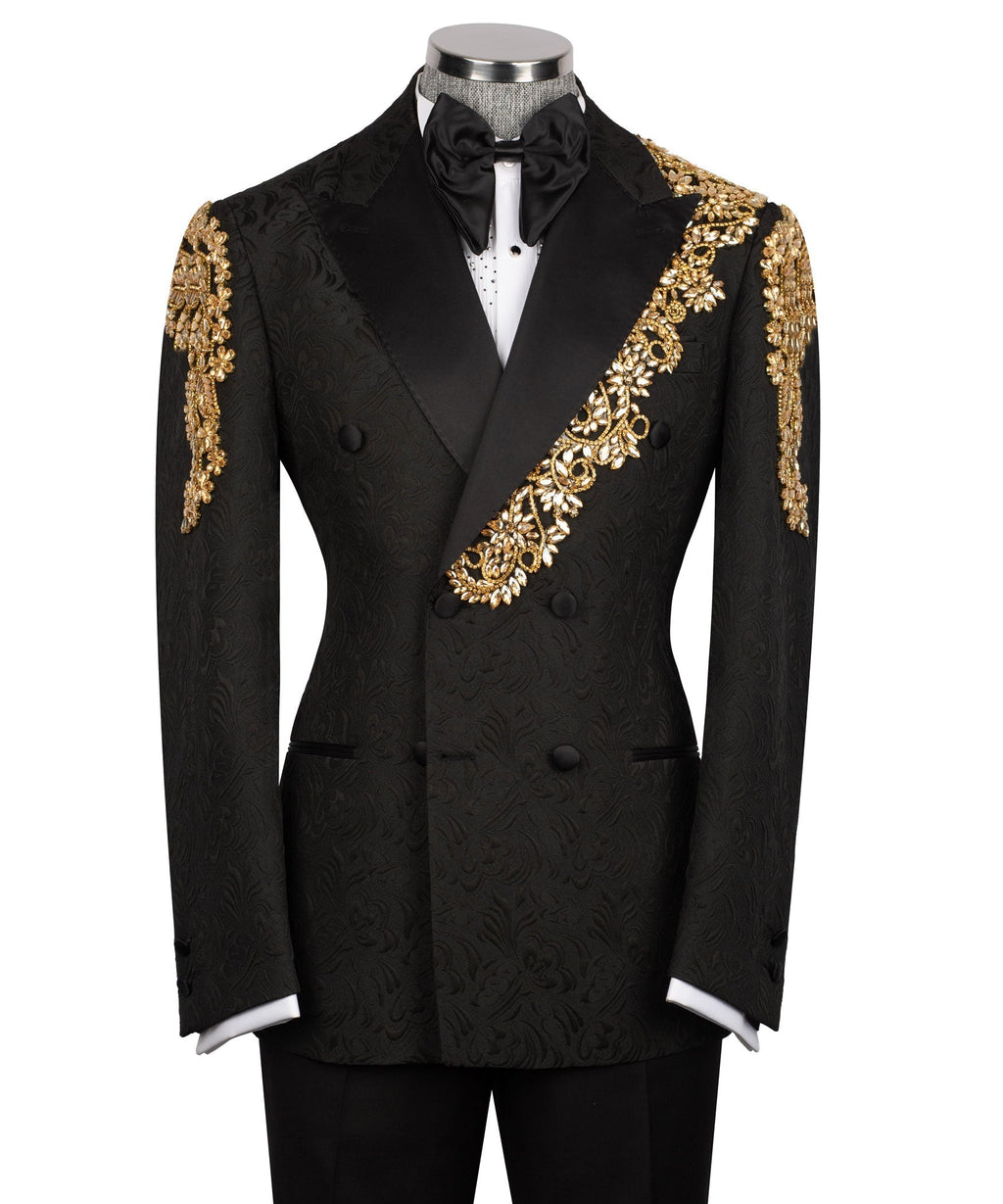 Black tuxedo jacket with gold embroidered lapel, double-breasted buttons, satin bow shirt