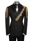 Black tuxedo jacket with gold embroidered lapel, double-breasted buttons, satin bow shirt