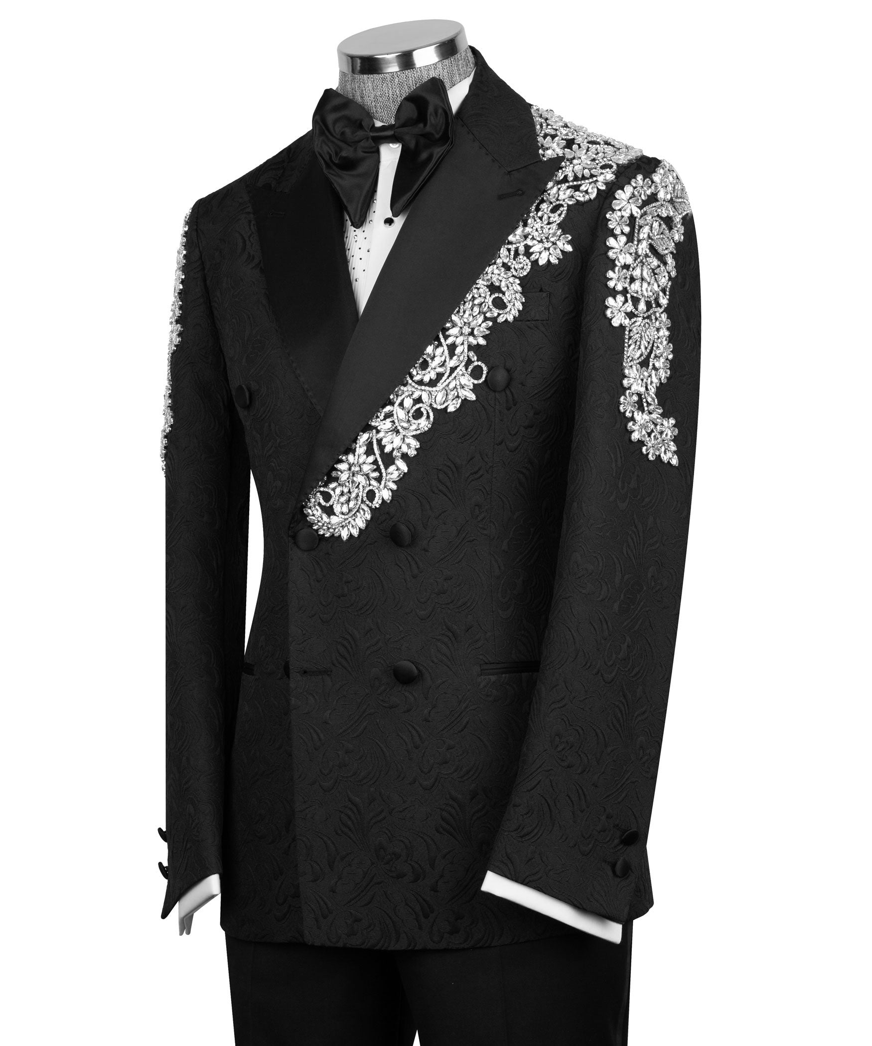 Black tuxedo jacket with ornate stone floral embroidery on lapel, cuffs, and pockets