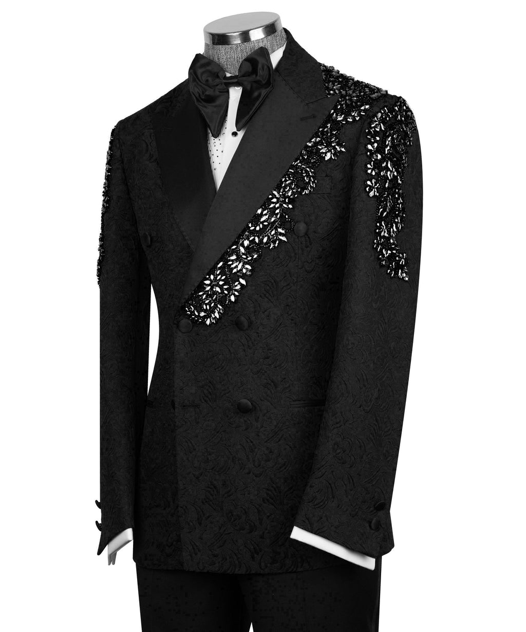 Black tuxedo jacket with diagonal stone-embroidered panel and satin bow tie