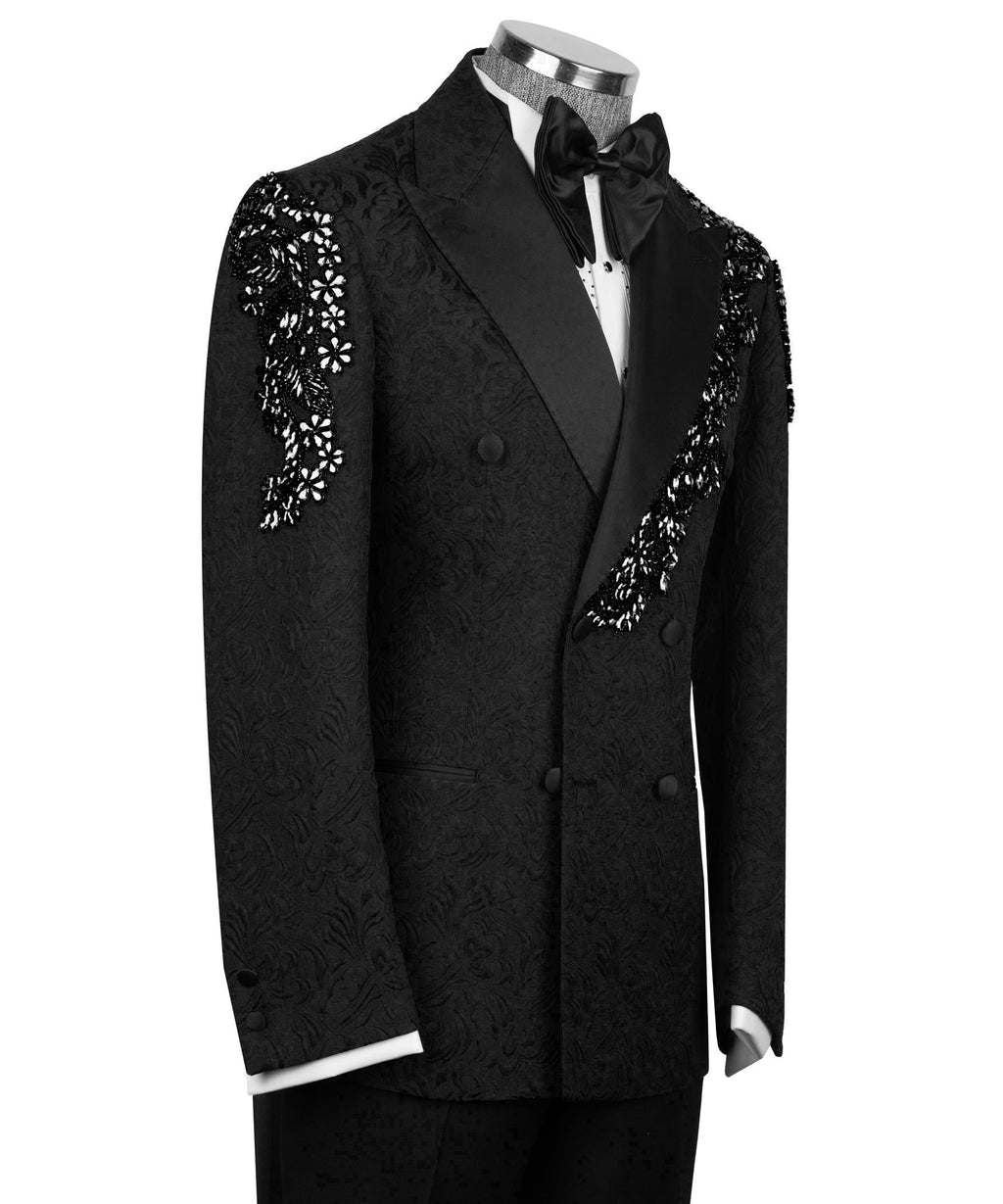 Black tuxedo jacket front with stone-embroidered shoulder panels and bouton details