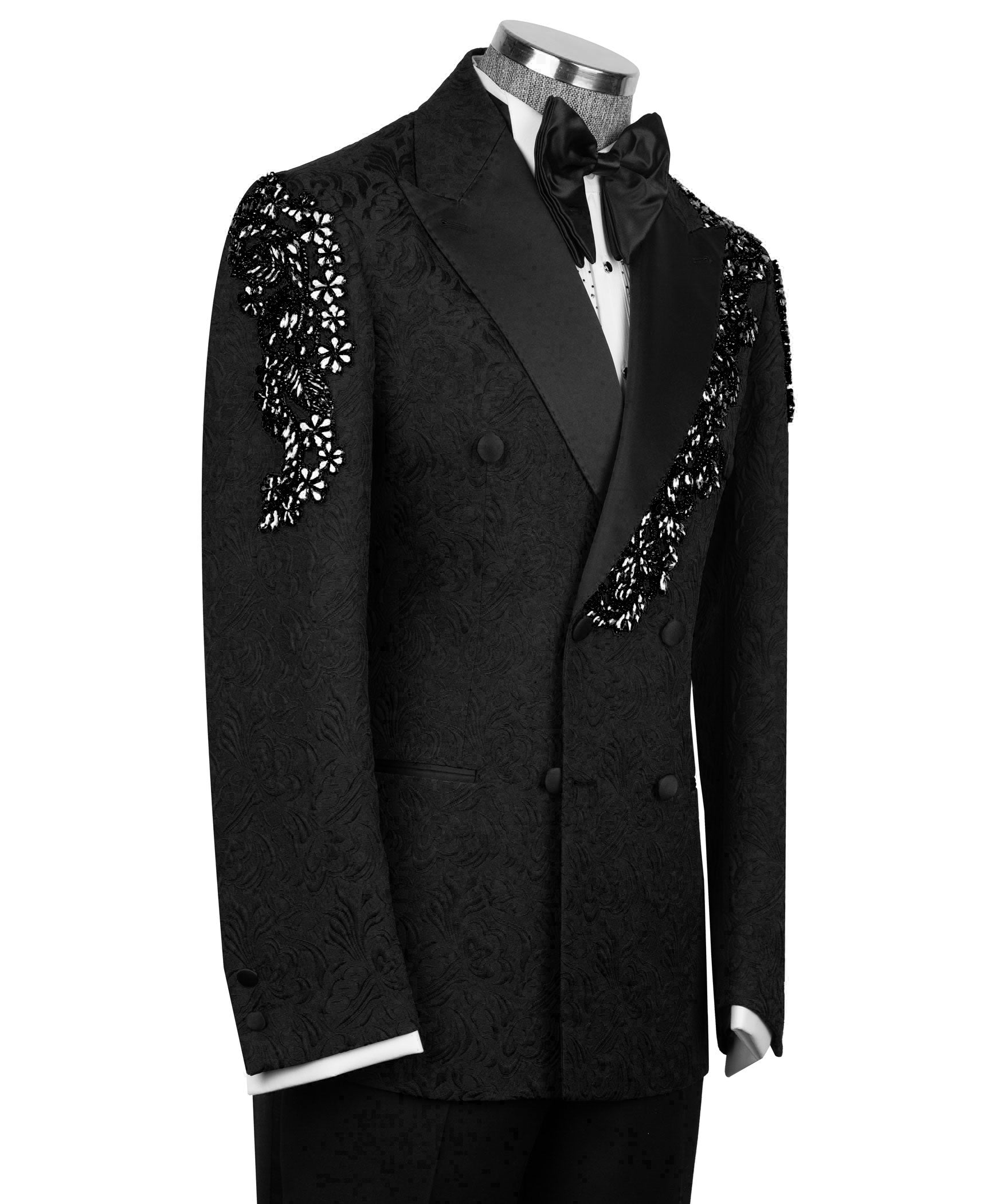 Black tuxedo jacket front with stone-embroidered shoulder panels and bouton details