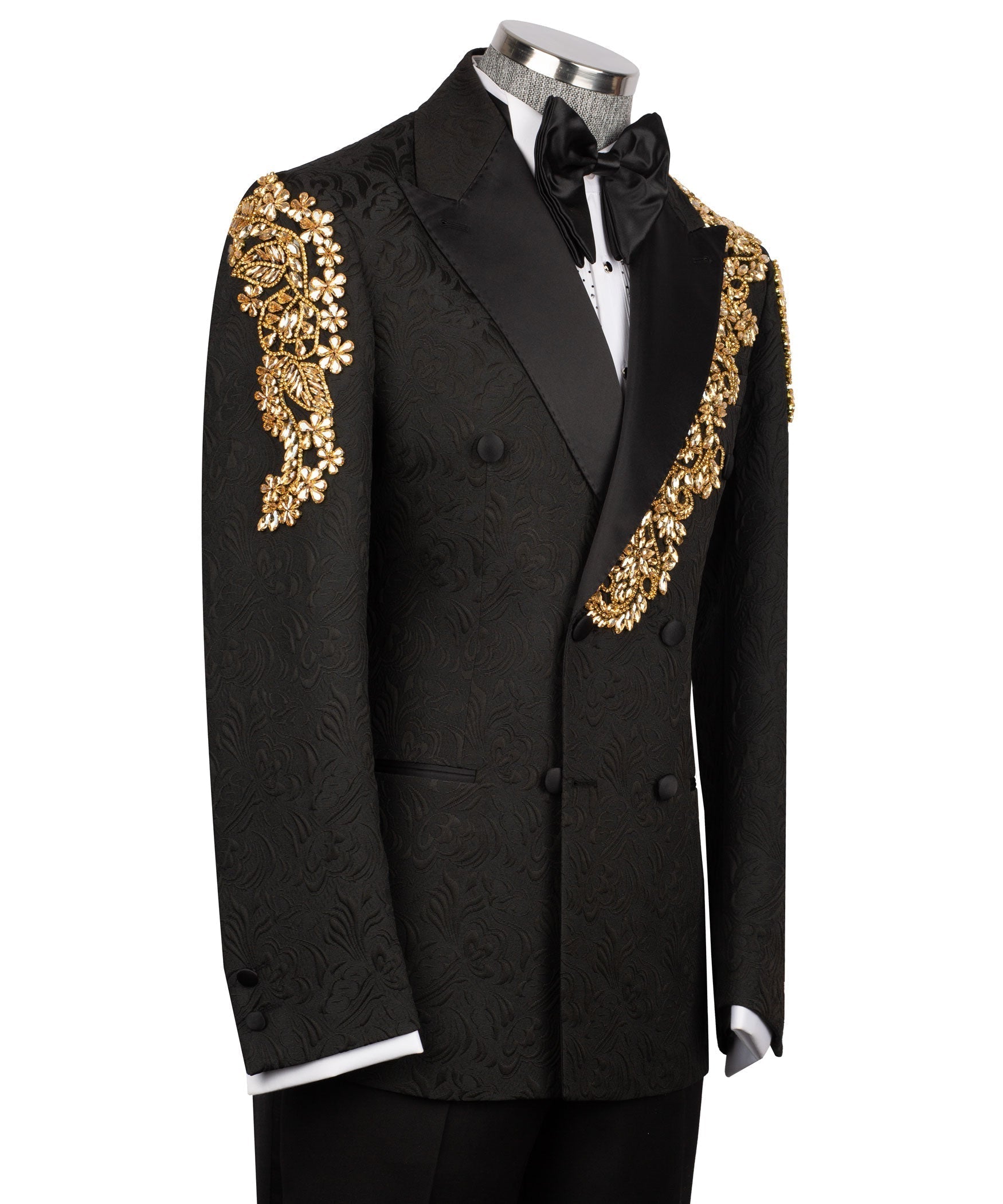 Black tuxedo jacket, gold floral sleeve embroidery and embroidered trim across front