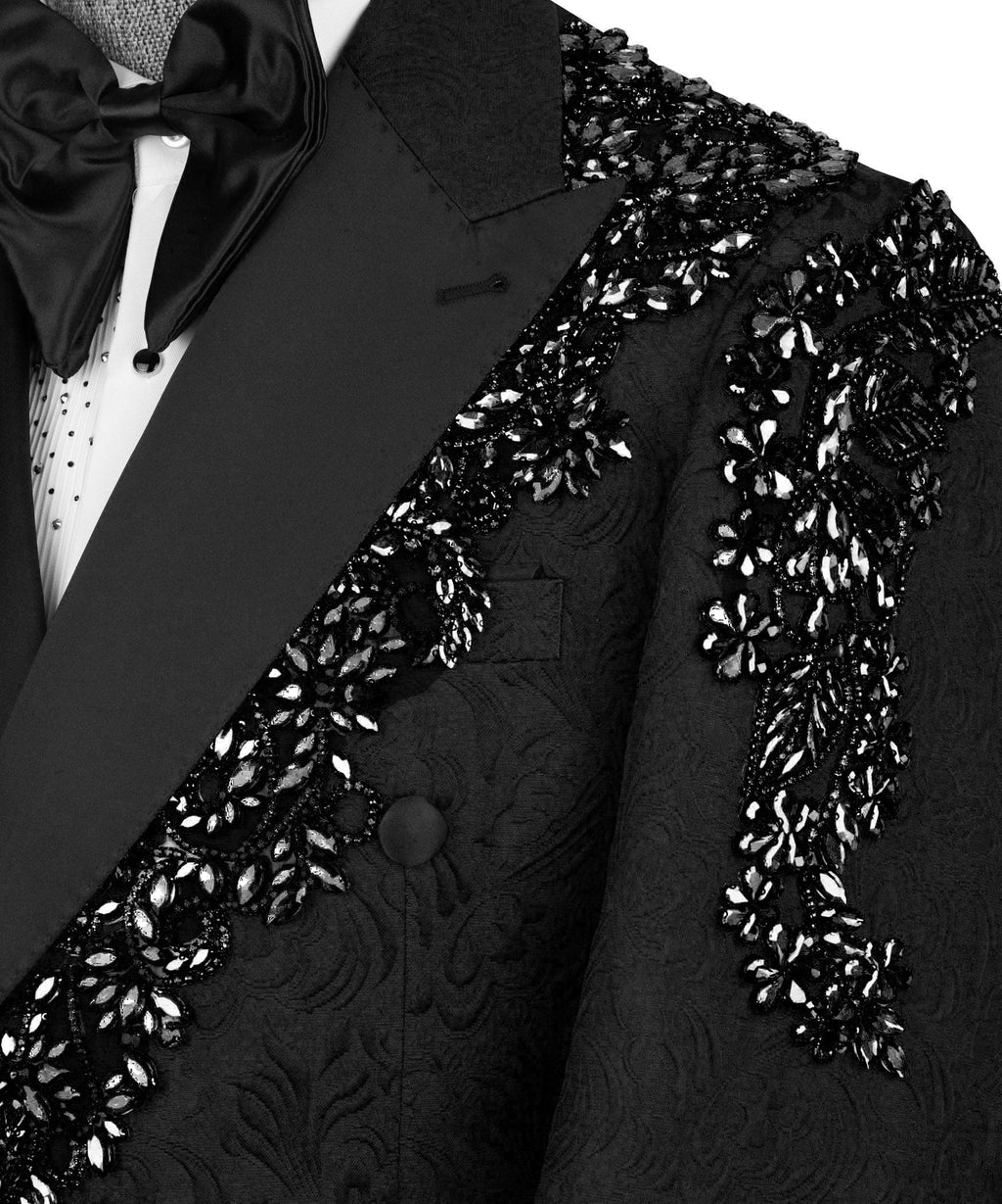 Close-up: stone-embroidered floral trim on black tuxedo jacket lapel and pocket