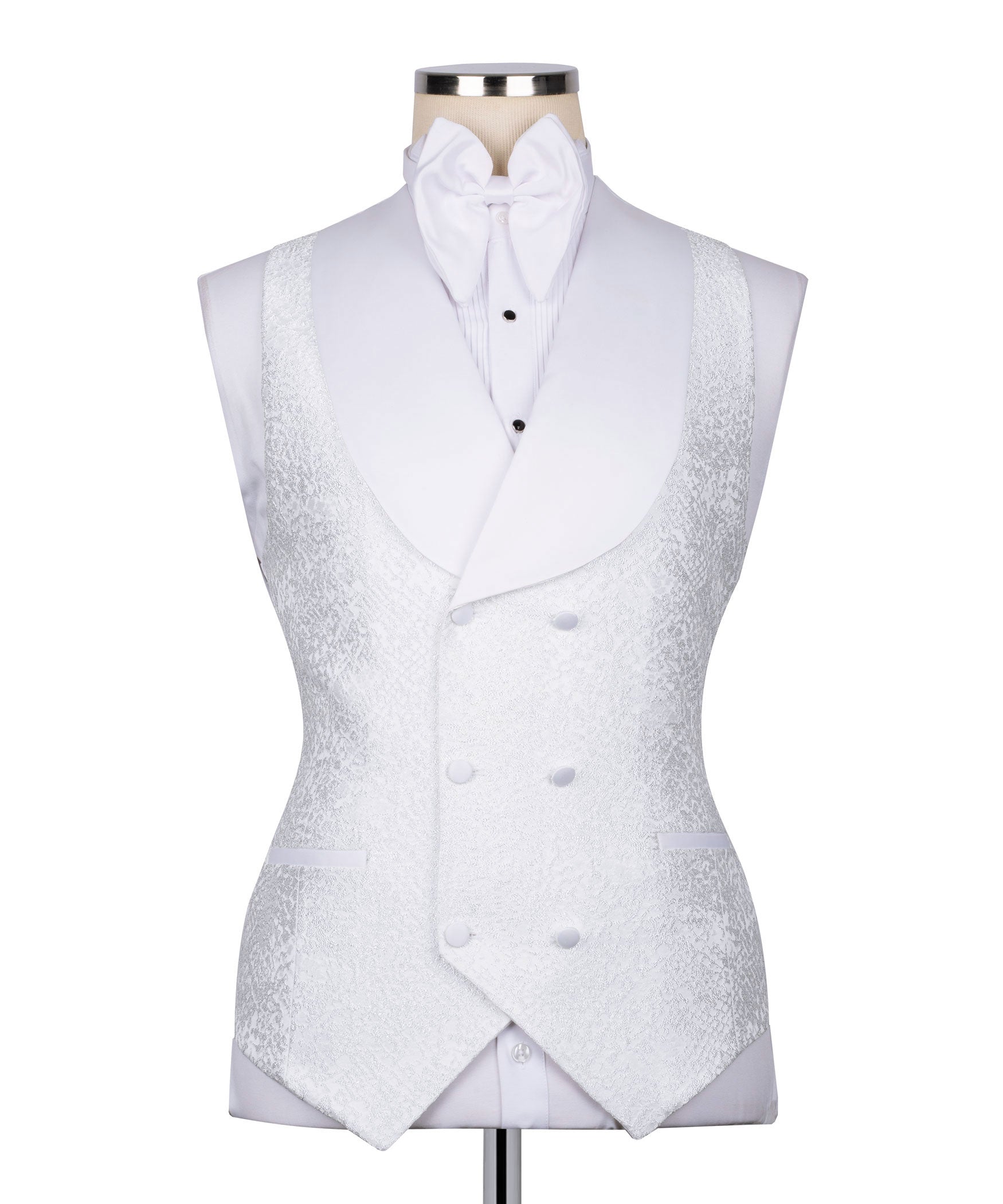 White tuxedo vest with double-breasted buttons, bow tie shirt, and embroidered panel