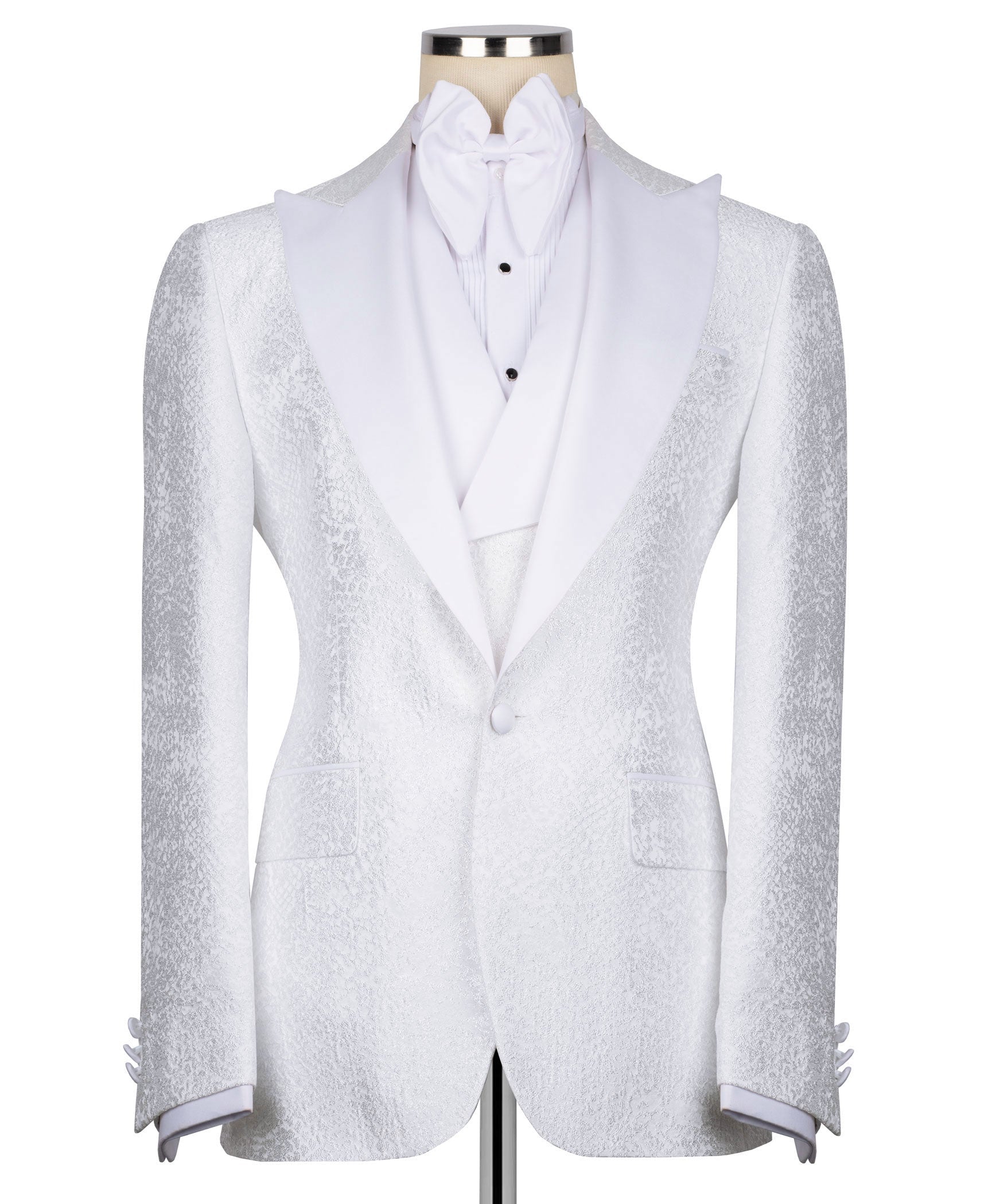 White single-breasted tuxedo blazer with stone-embroidered lapels and structured shoulders