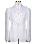 White tuxedo jacket front, stone-embroidered pattern at lapels and cuffs