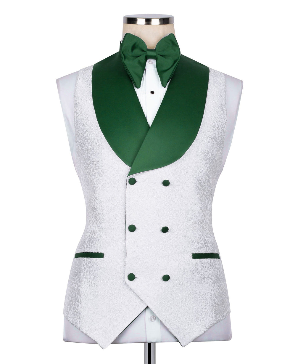 Back view: white tuxedo waistcoat with green V-shaped collar and green button detailing