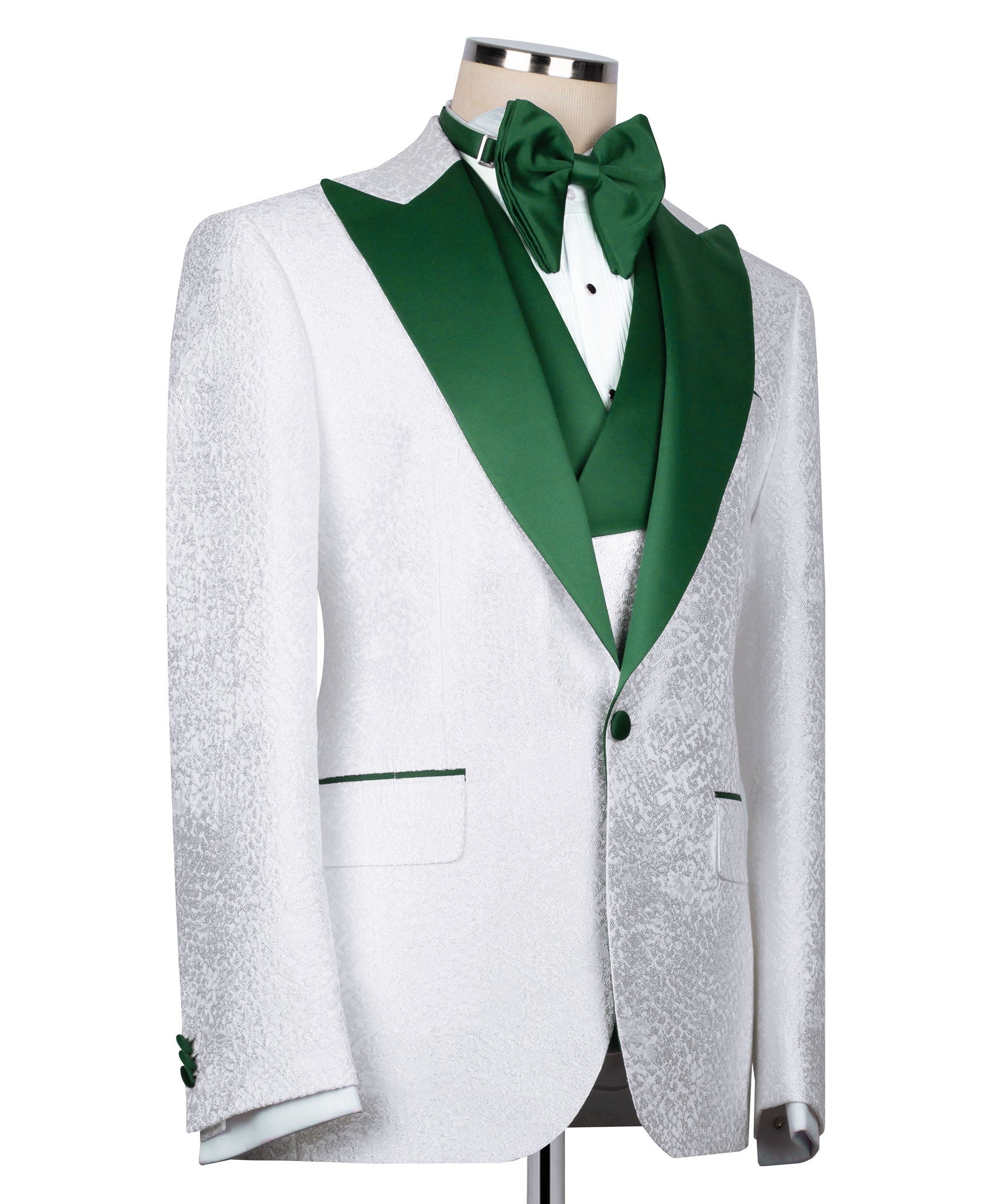 White tuxedo jacket with green satin shawl collar, green pocket accents, and green bow tie