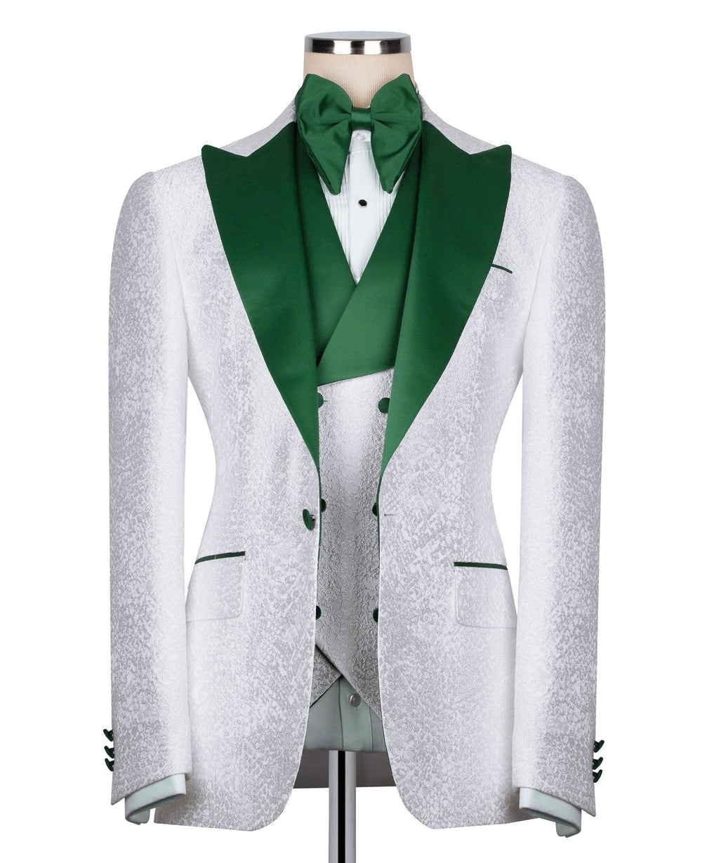 White tuxedo jacket with green satin collar, green bow tie, and satin-trim lapels