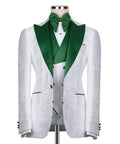 White tuxedo jacket with green satin collar, green bow tie, and satin-trim lapels