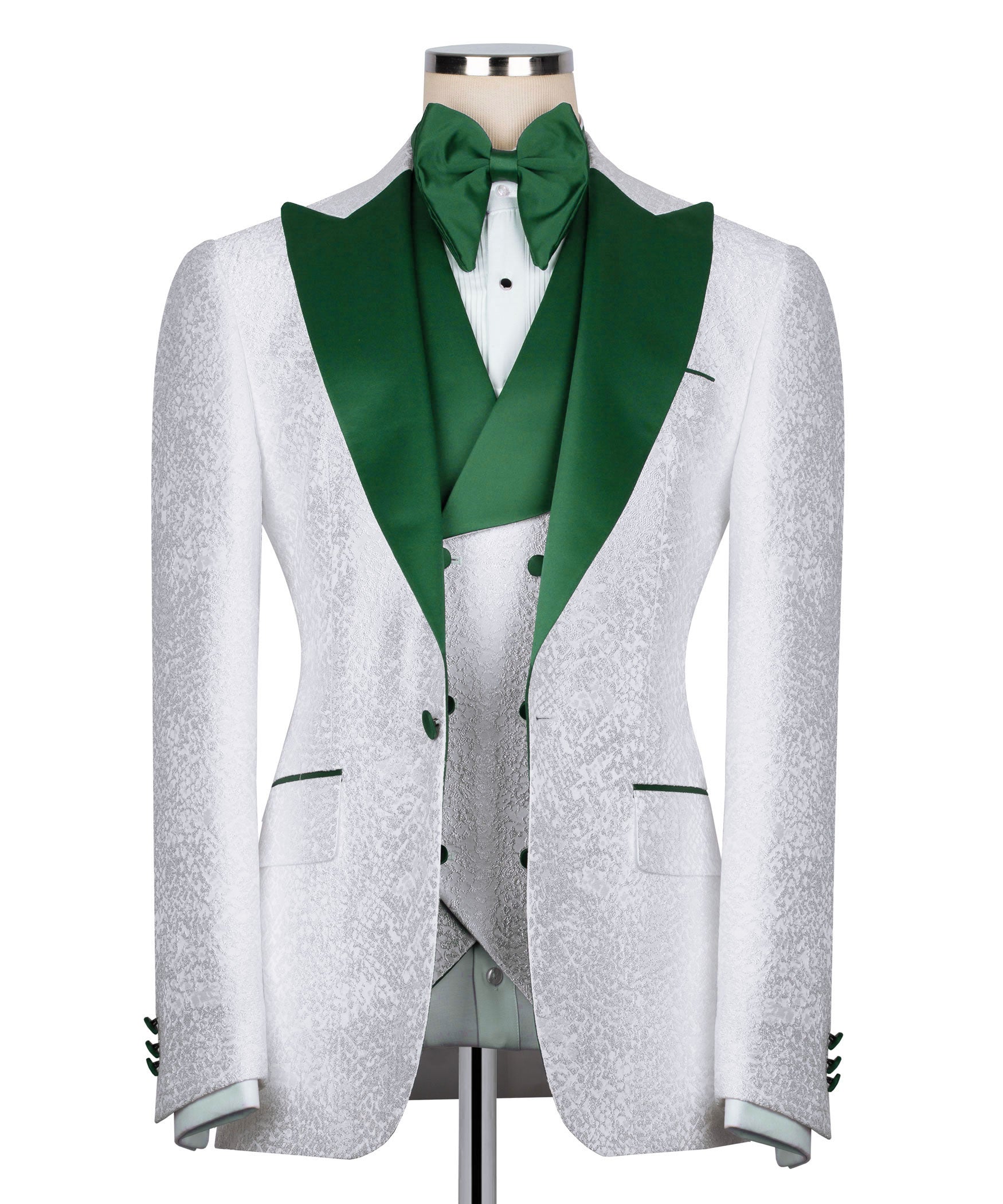 White tuxedo jacket with green satin collar, green bow tie, and satin-trim lapels