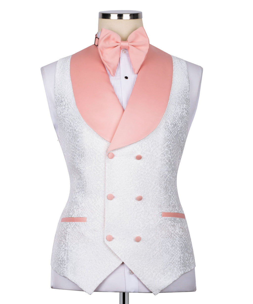 White tuxedo vest front with pink shawl collar, double-breasted buttons, pink bow tie