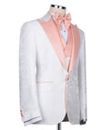 White stone-embroidered tuxedo jacket, pink satin diagonal sash detail, one-breasted front