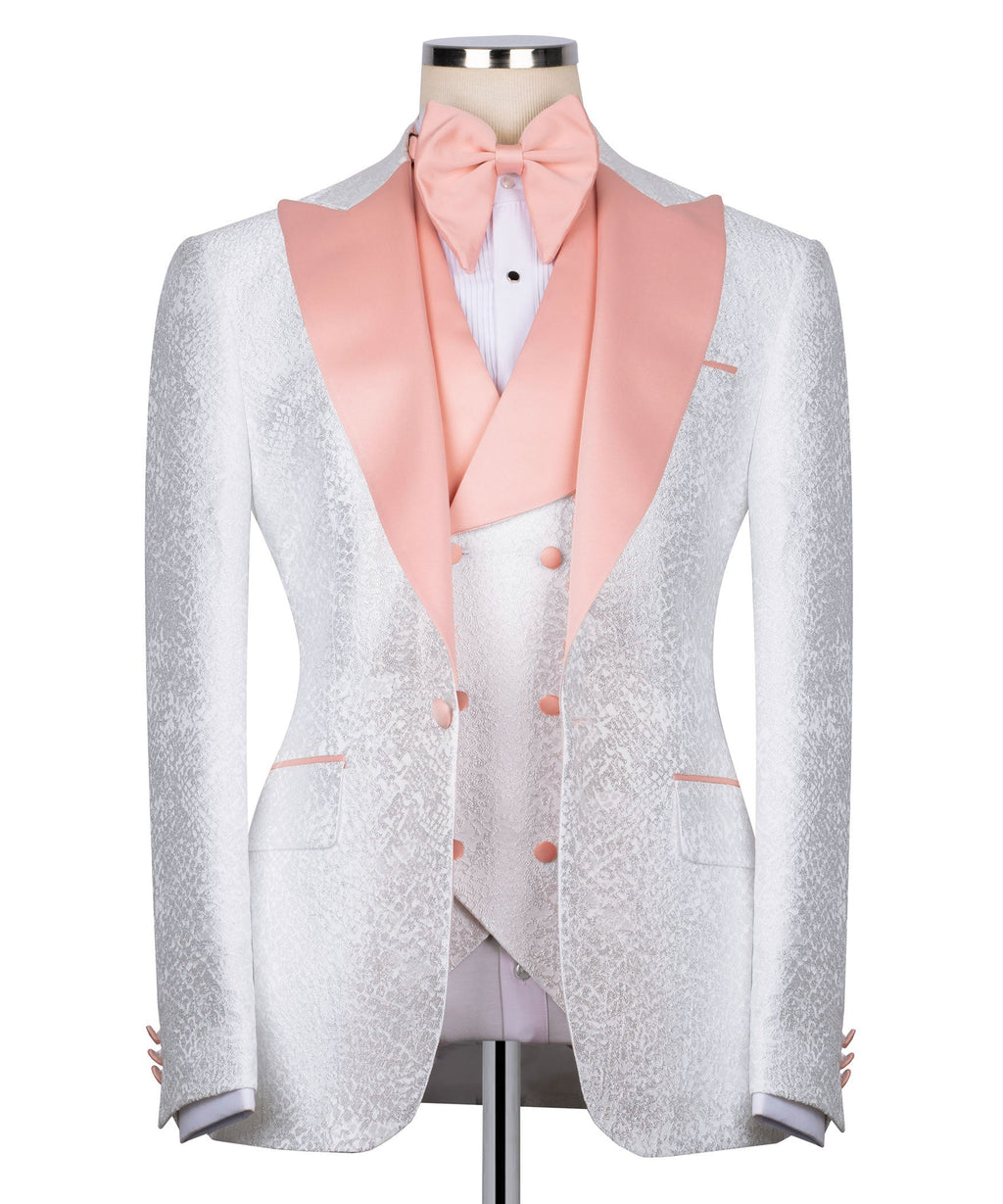 White tuxedo jacket with pale pink bow collar and trim, double-breasted buttons