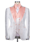 White tuxedo jacket with pale pink bow collar and trim, double-breasted buttons