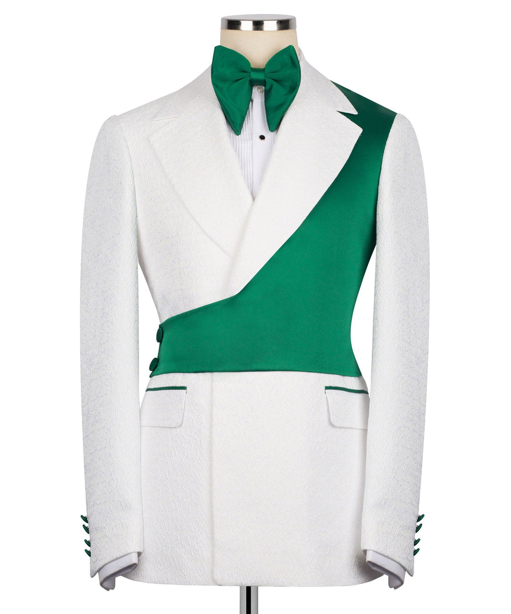 Green and White tuxedo jacket with bow tie and diagonal green vest panel
