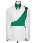 Green and White tuxedo jacket with bow tie and diagonal green vest panel