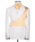 White tuxedo jacket with gold satin vest and matching gold bow tie