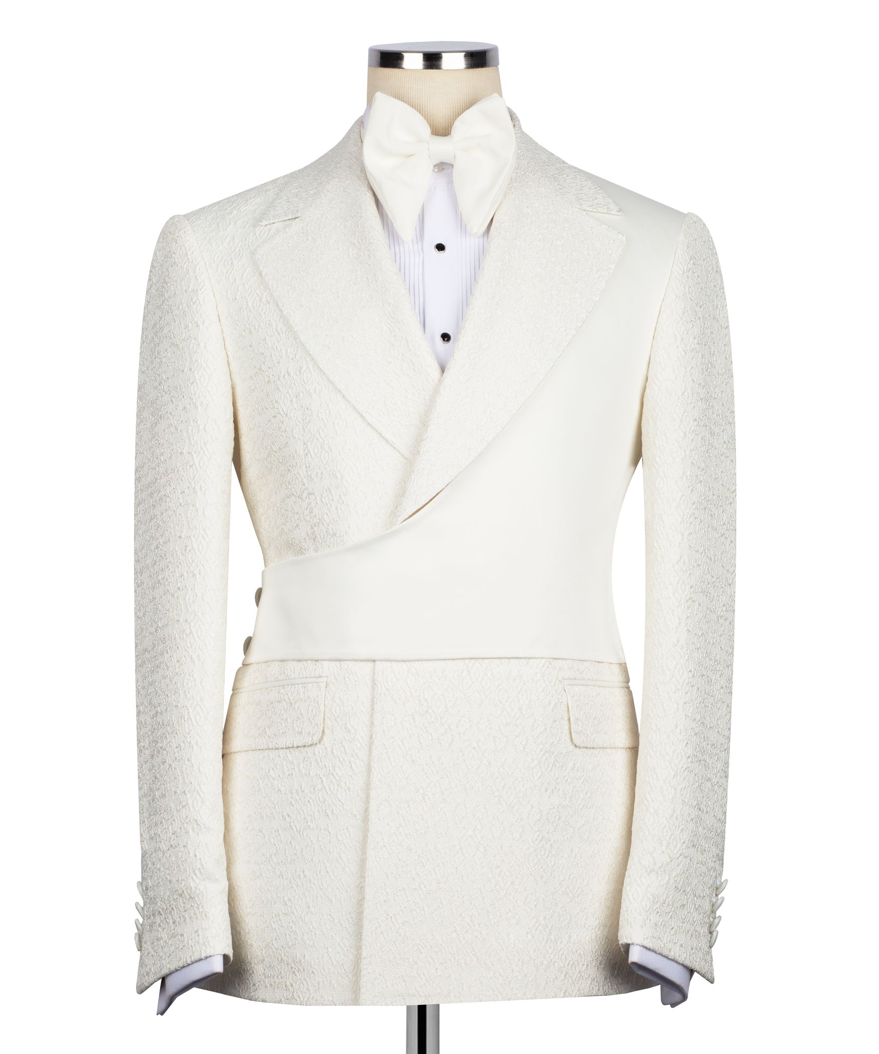 Cream tuxedo 3-piece set with textured jacket, bow tie, vest, and matching trousers