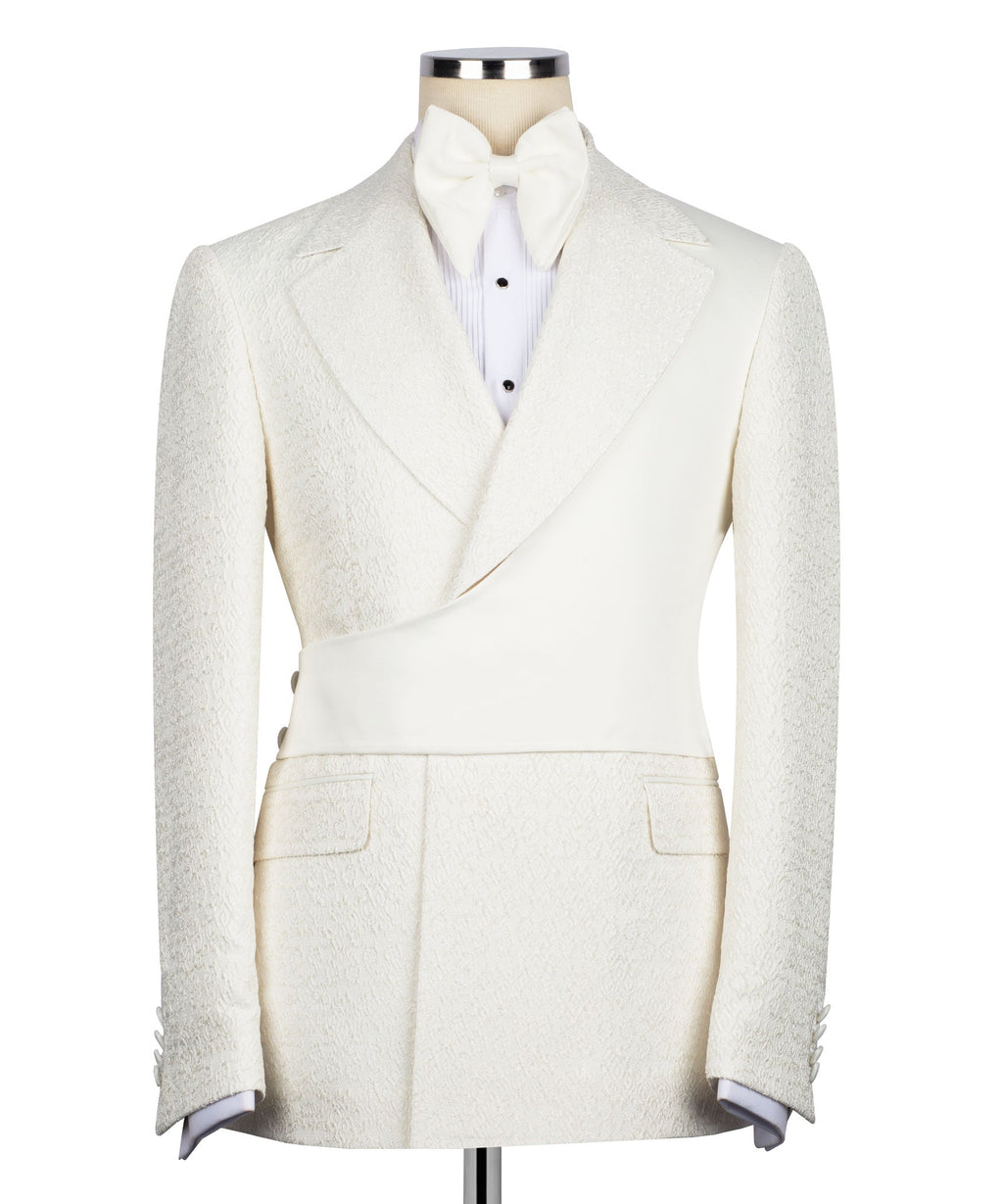 Cream tuxedo blazer with notch lapels, white bow tie and vest, three-piece set