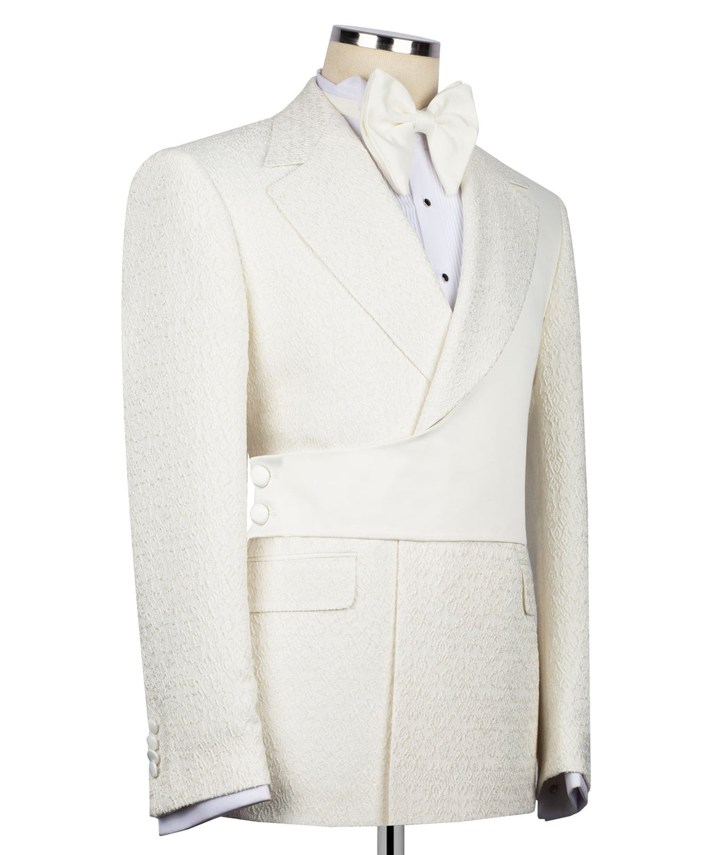 Cream tuxedo jacket with satin lapels and matching vest, bow tie