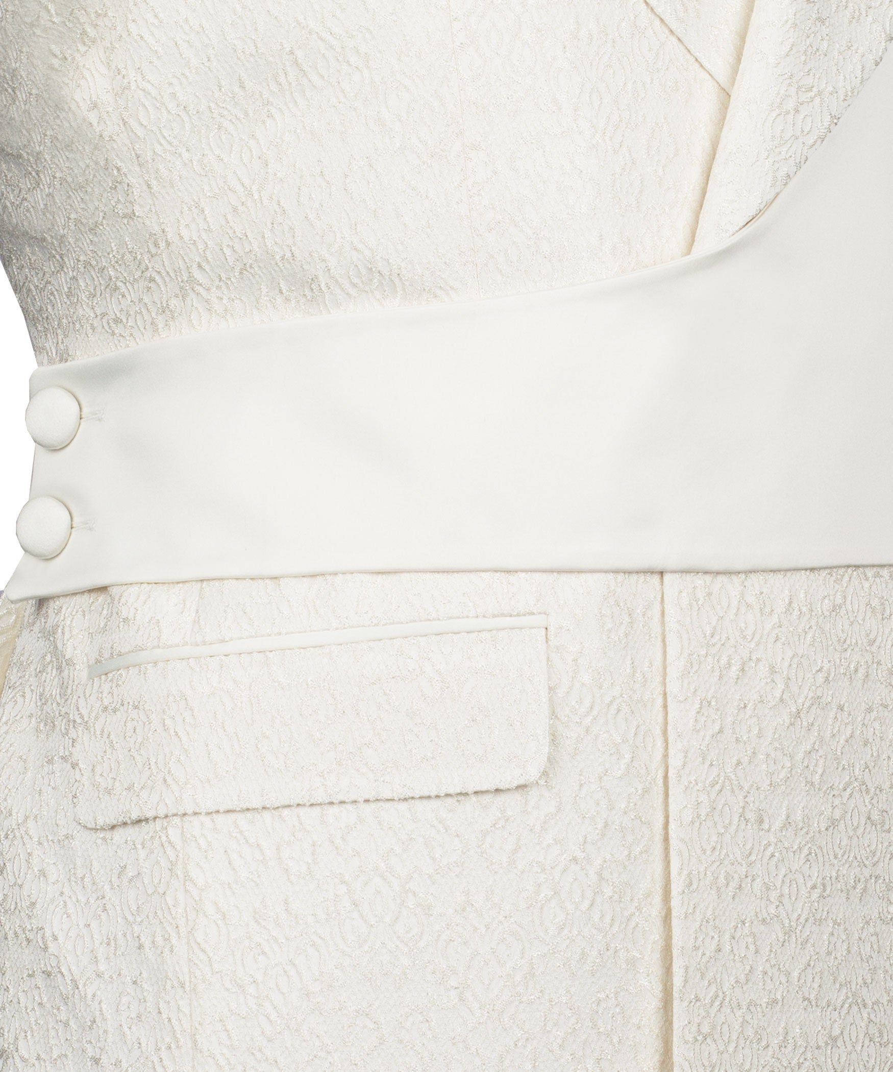 Cream vest front with two-button closure and jetted pocket detail