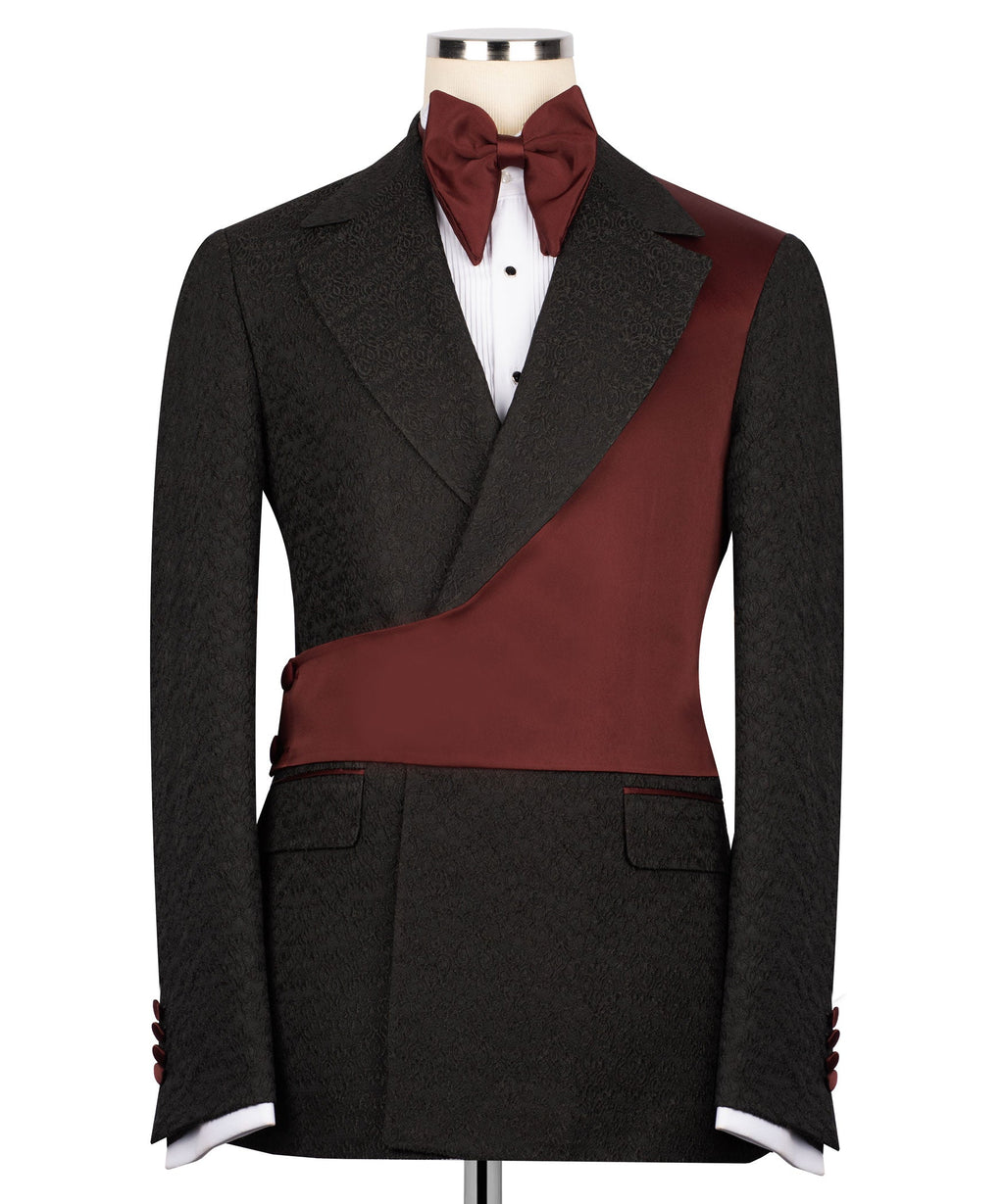 Burgundy bow tie and black tuxedo jacket with maroon waistcoat front
