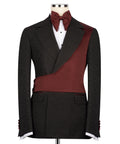 Burgundy bow tie and black tuxedo jacket with maroon waistcoat front