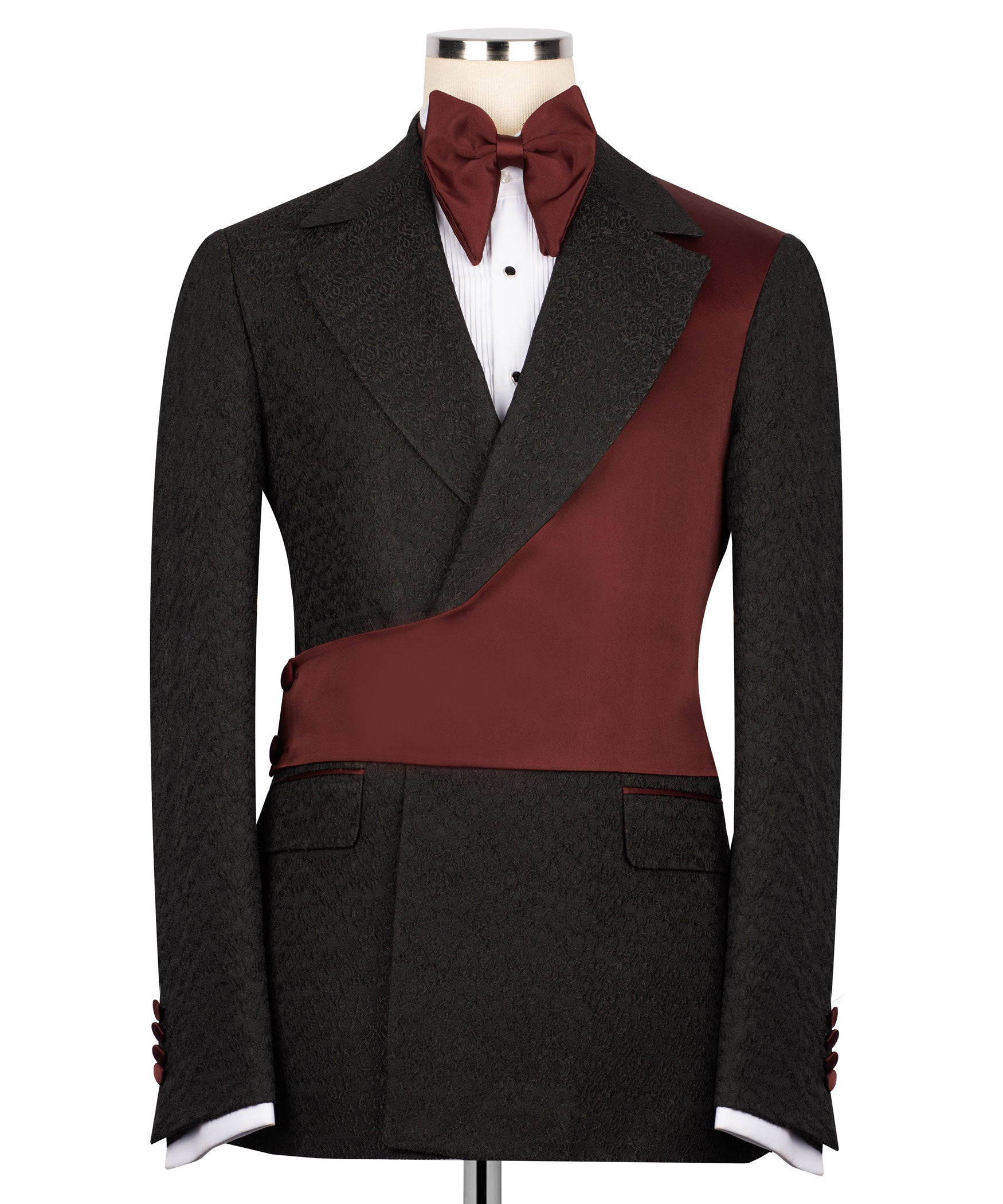 Burgundy bow tie and black tuxedo jacket with maroon waistcoat front