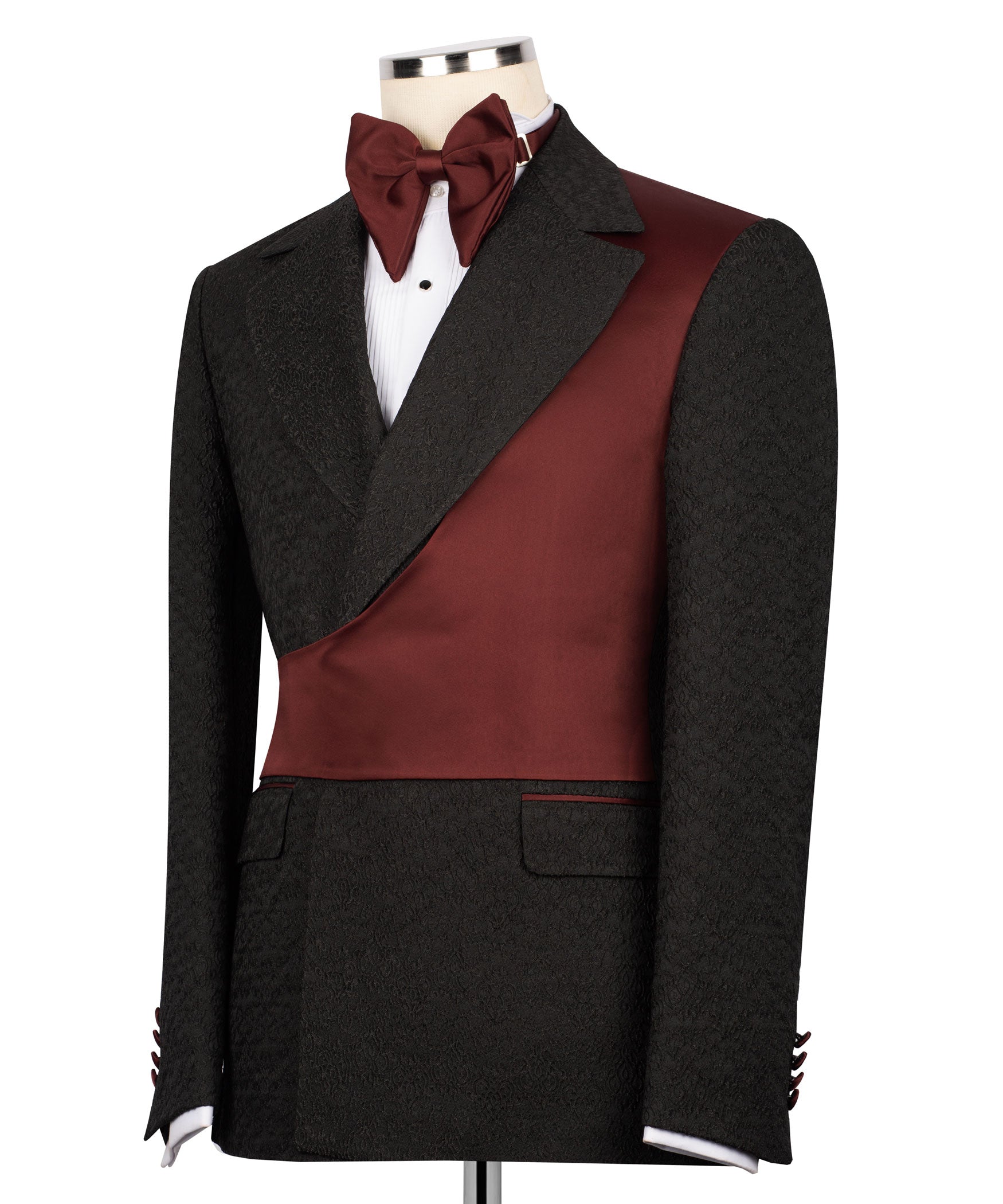 Black tuxedo jacket with maroon vest panel and burgundy bow tie, angled