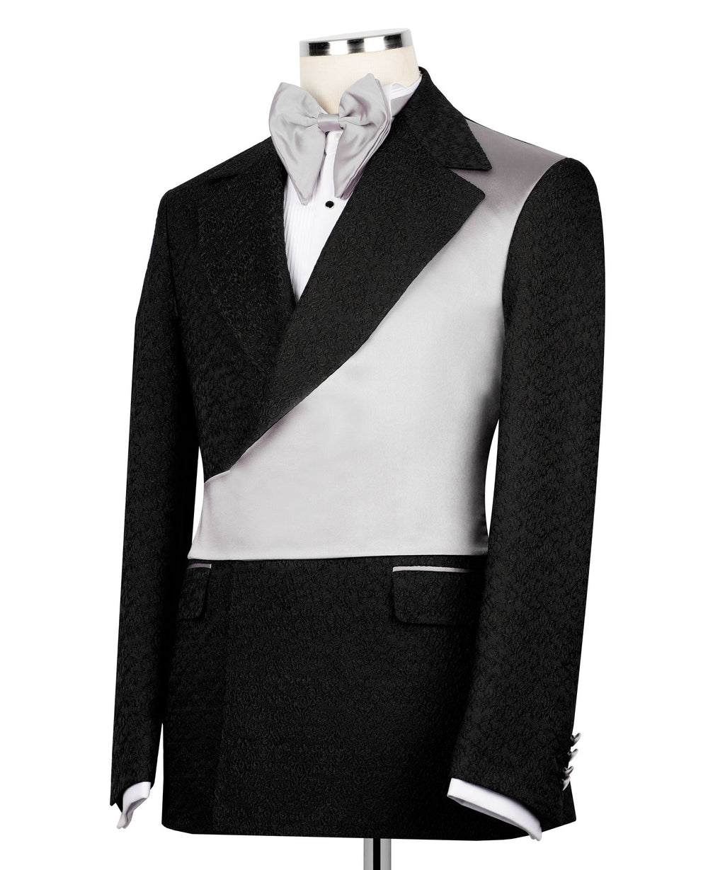 Two-piece tuxedo set: black jacket, light-gray satin vest, and black trousers
