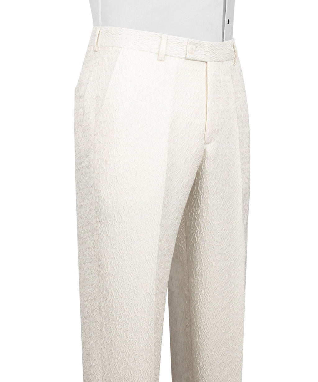 Cream textured tuxedo trousers with waistband and crease front