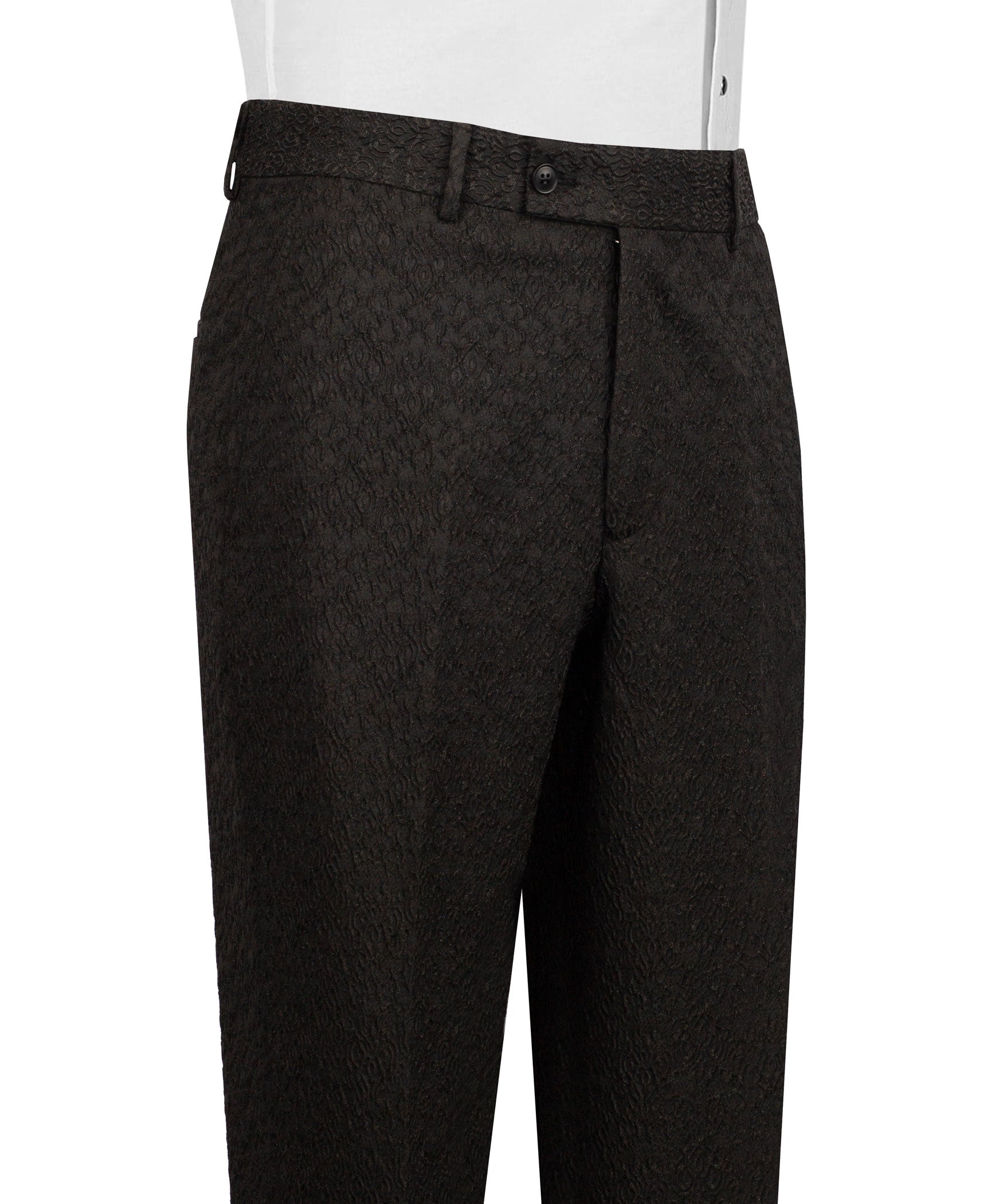 Black tuxedo trousers with textured fabric, front crease, and waistband button