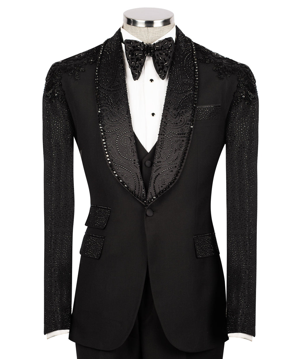 Black 3-piece tuxedo suit with long jeweled sleeves and patterned stone panels