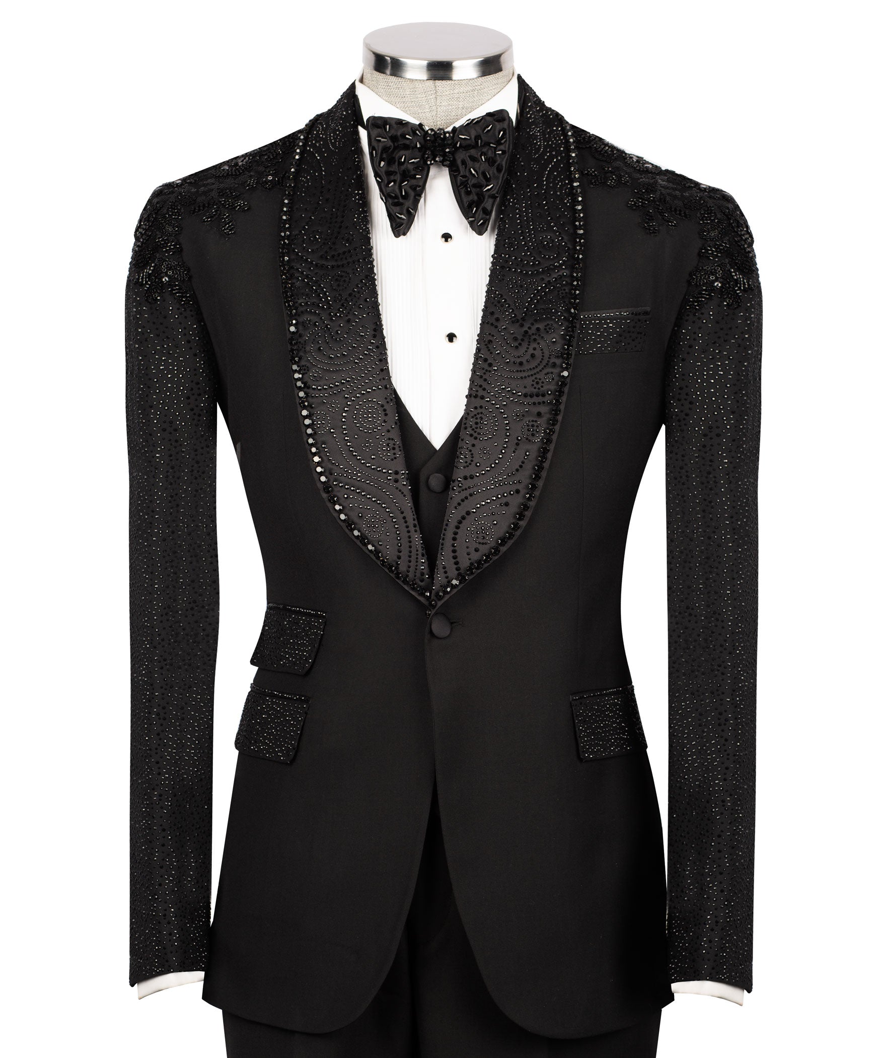 Black 3-piece tuxedo suit with long jeweled sleeves and patterned stone panels