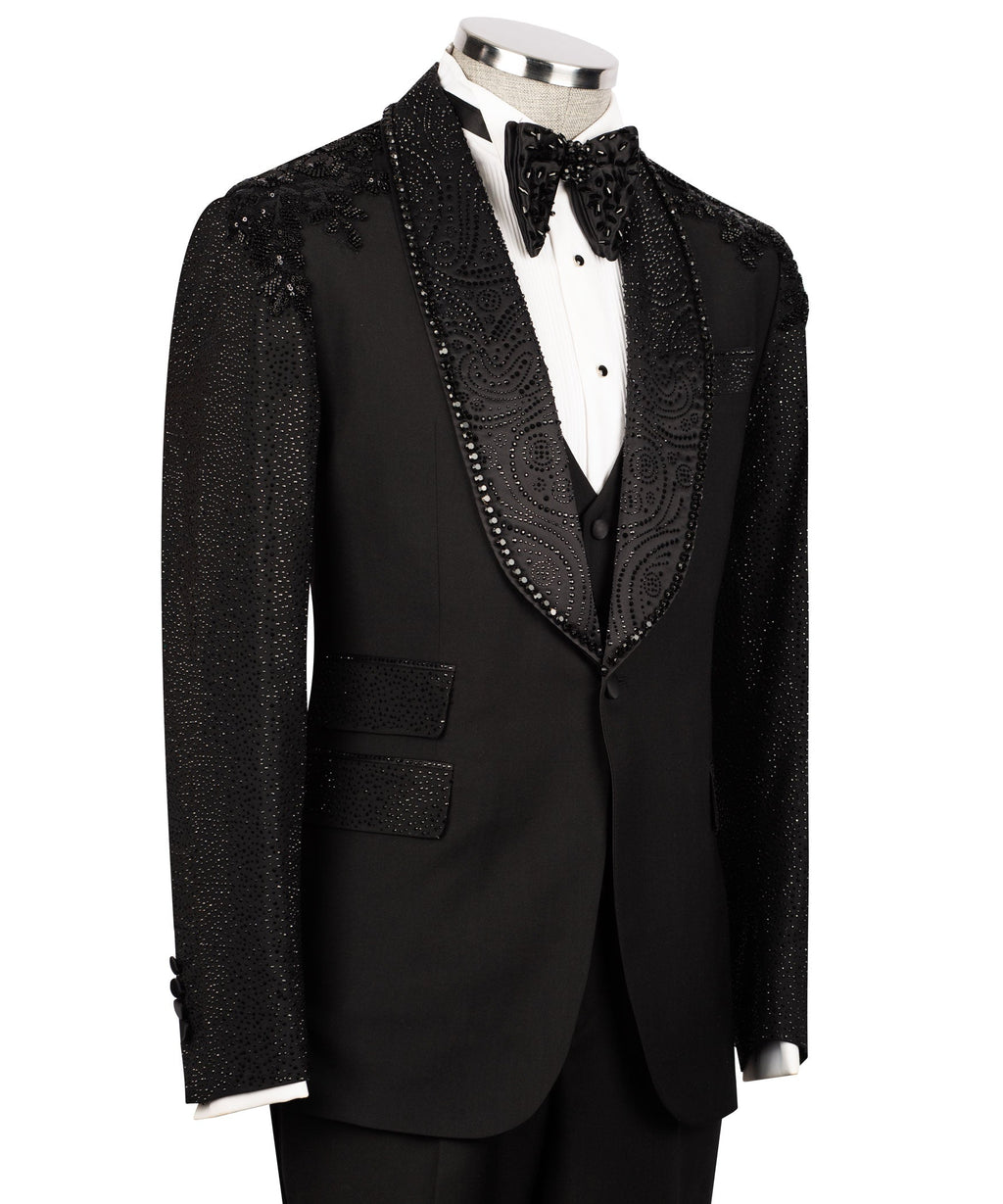 Black tuxedo vest with ornate stone-embellished lapels and two-button closure