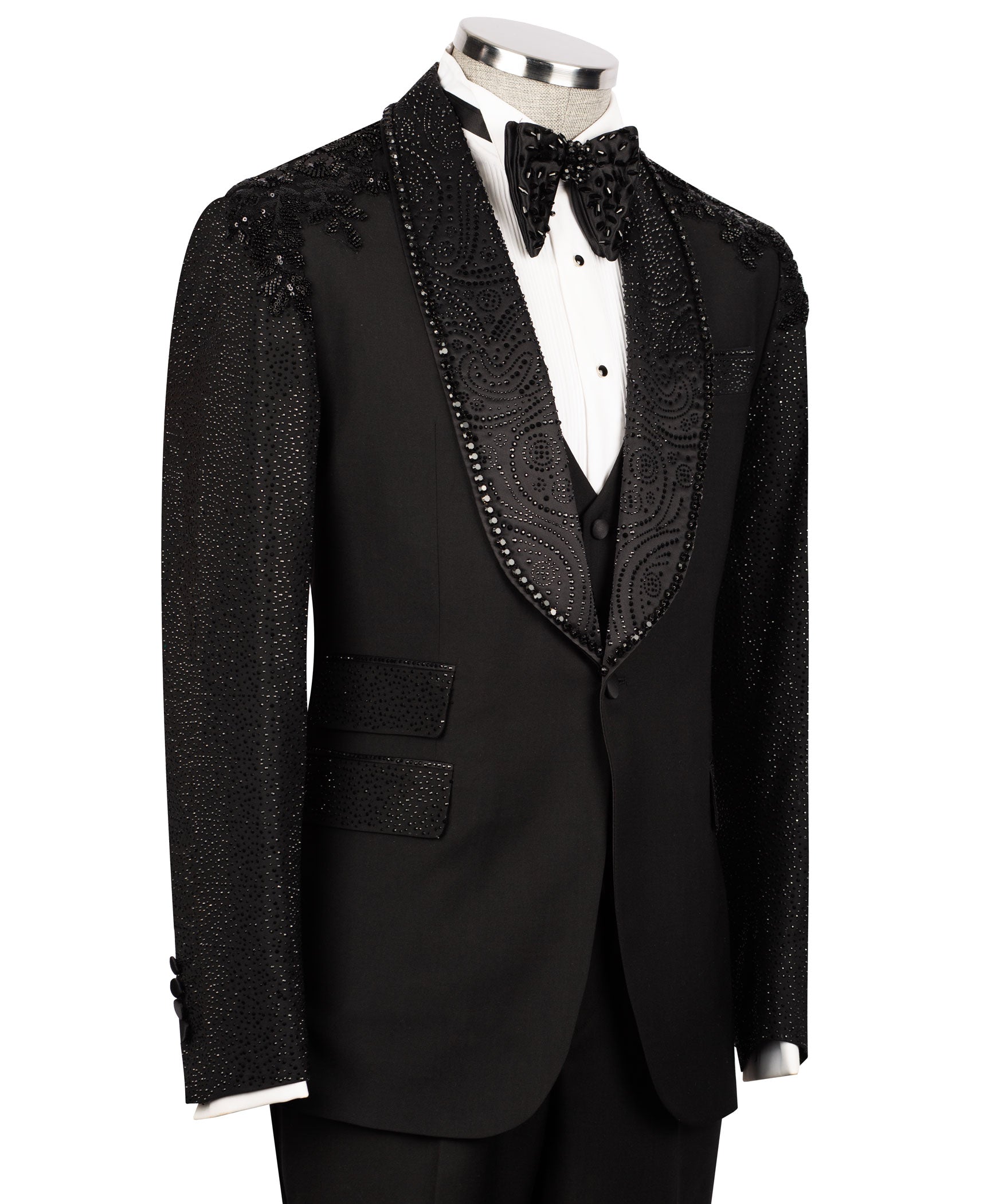 Black tuxedo vest with ornate stone-embellished lapels and two-button closure