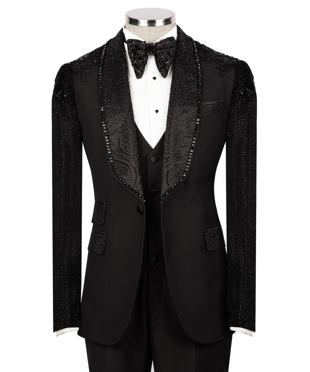 Black tuxedo jacket with stone-embroidered shawl lapels and matching bow tie