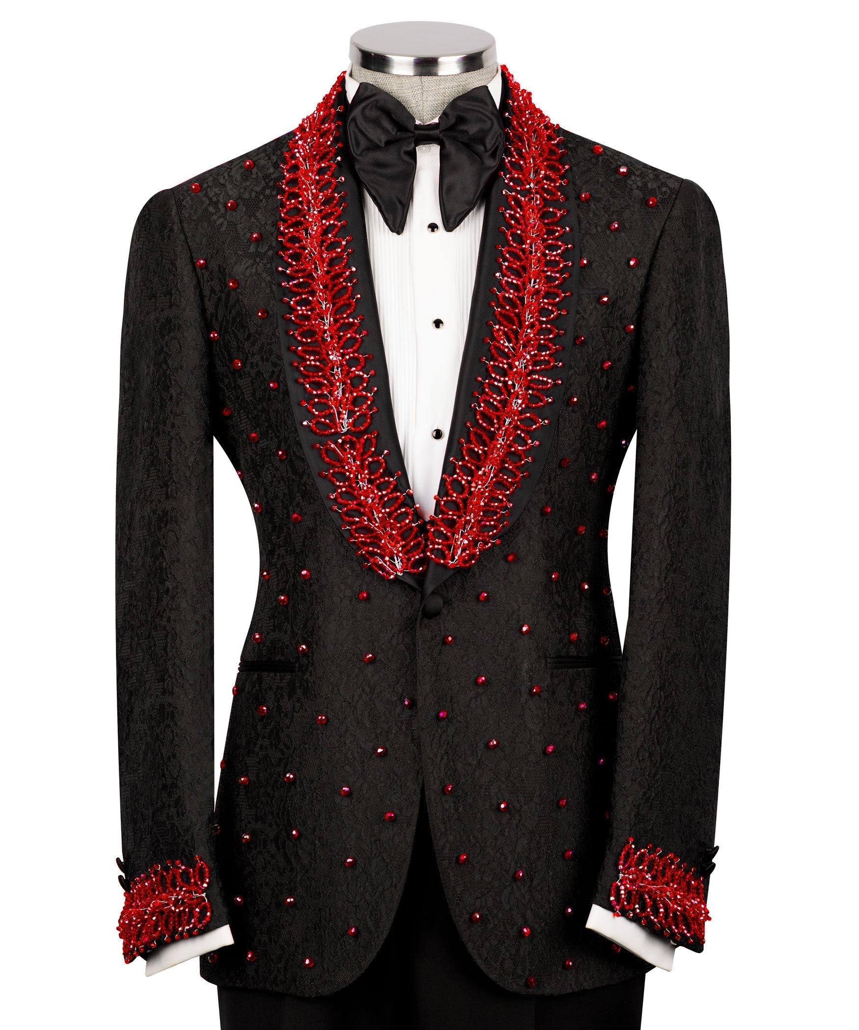 Black 3-piece tuxedo with red stone embroidery across lapels and scattered dot accents