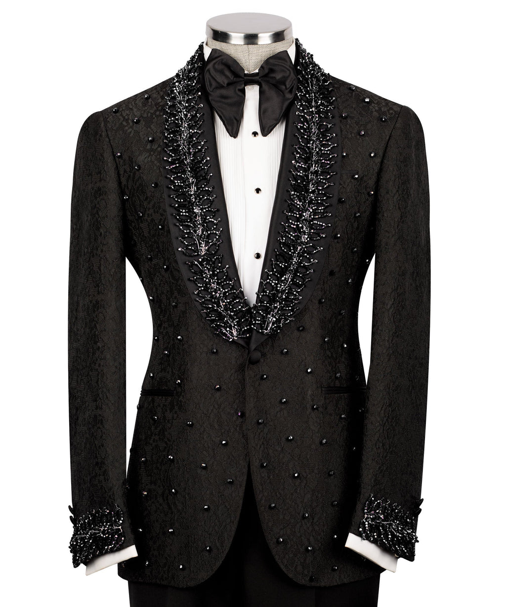Black tuxedo jacket front view with embroidered lapels, dotted embellishment and bow tie