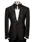 Black tuxedo jacket front view with embroidered lapels, dotted embellishment and bow tie