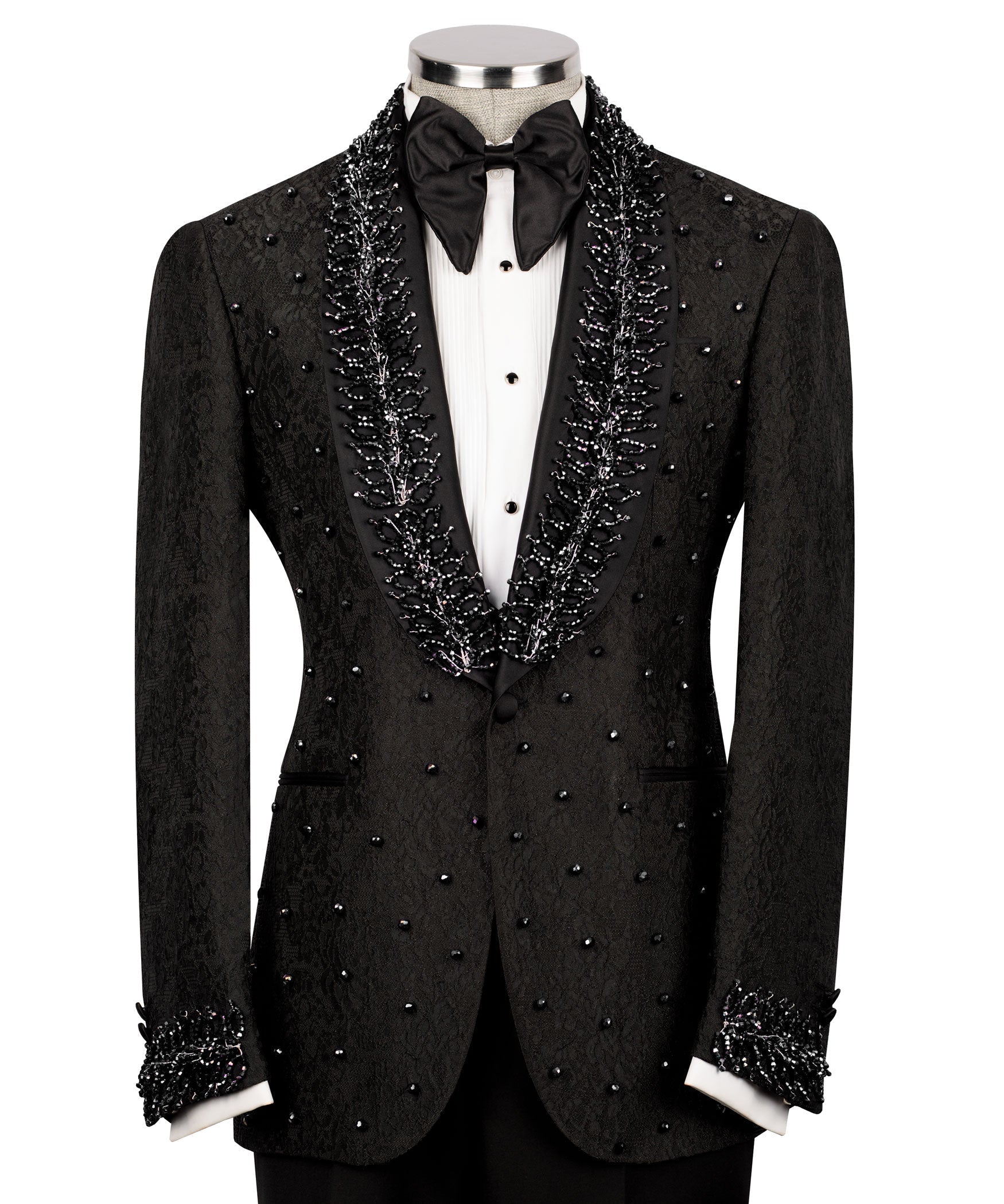 Black tuxedo jacket front view with embroidered lapels, dotted embellishment and bow tie