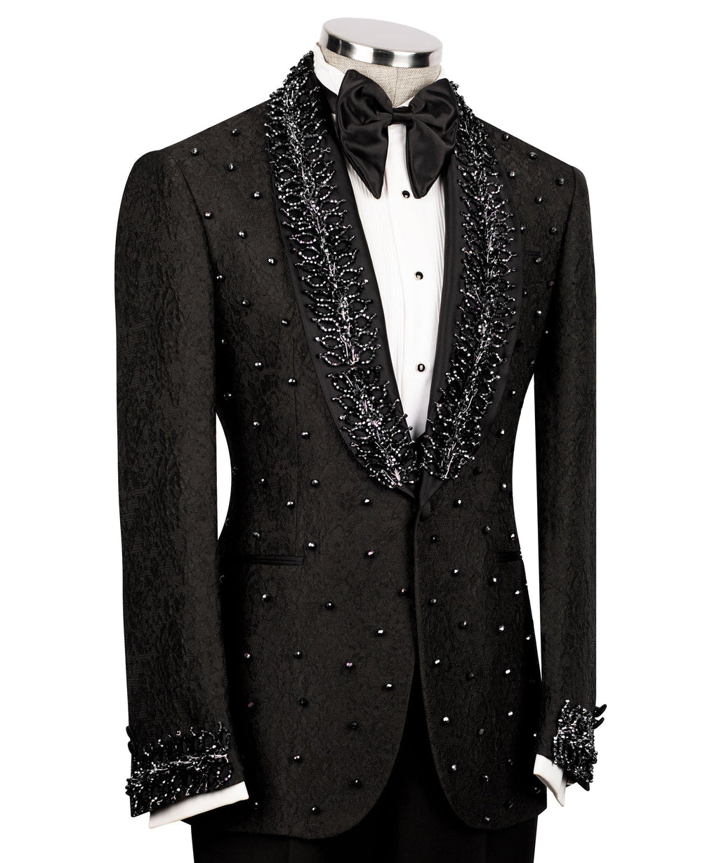 Black tuxedo vest and jacket with sparkling embroidered trim, bow tie and shirt