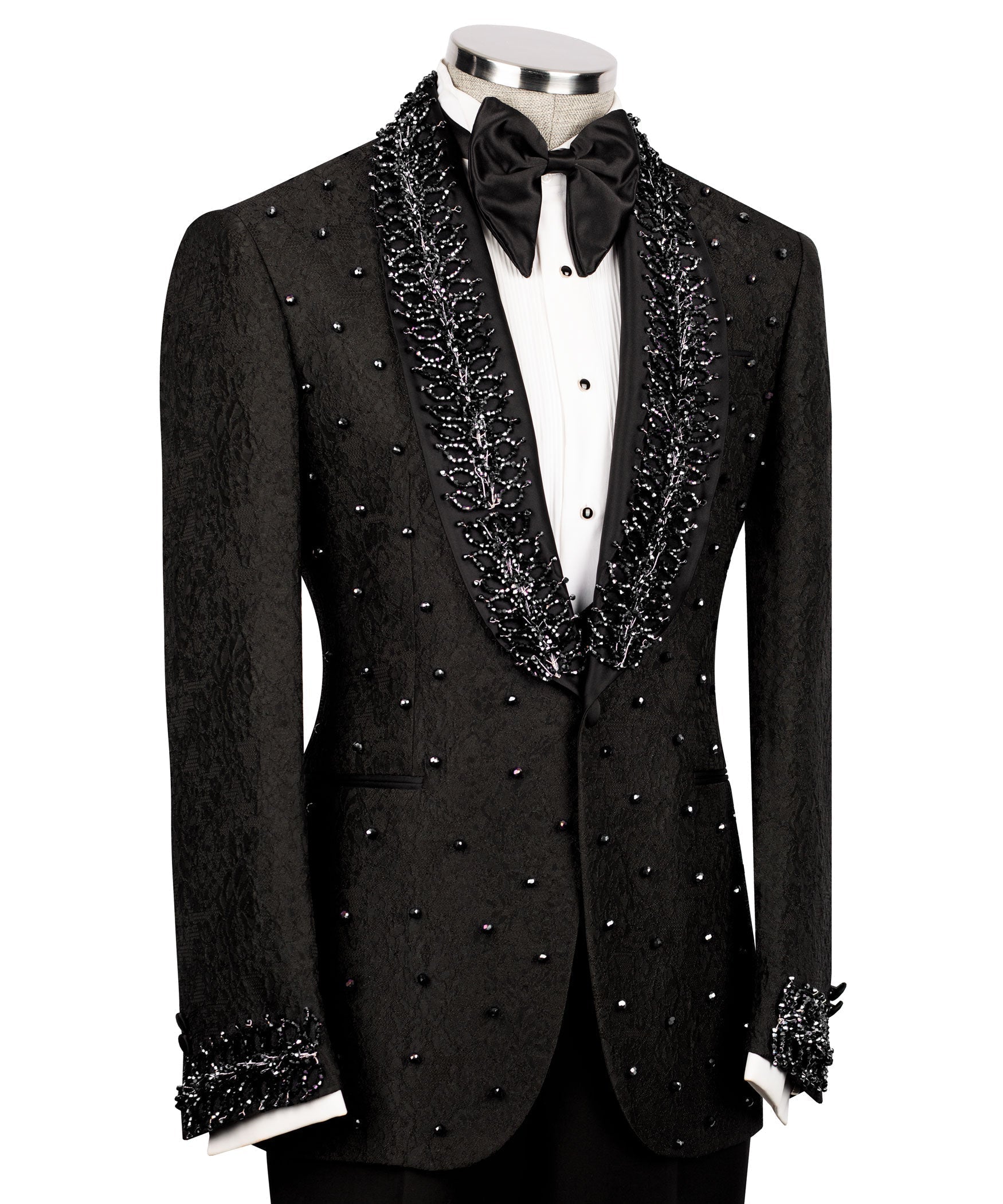Black tuxedo vest and jacket with sparkling embroidered trim, bow tie and shirt